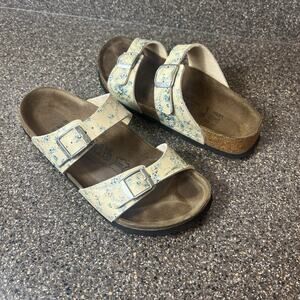 Birki's By Birkenstock Sydney Cream Blue Floral Double Strap Sandals Women's 6 N